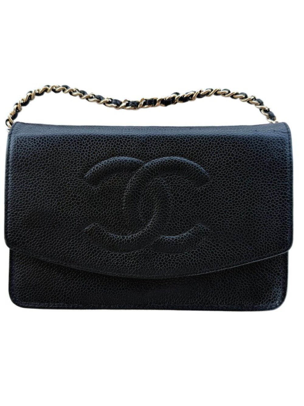 Authentic Chanel Vintage Timeless CC Caviar Leather Wallet on Chain WOC Black